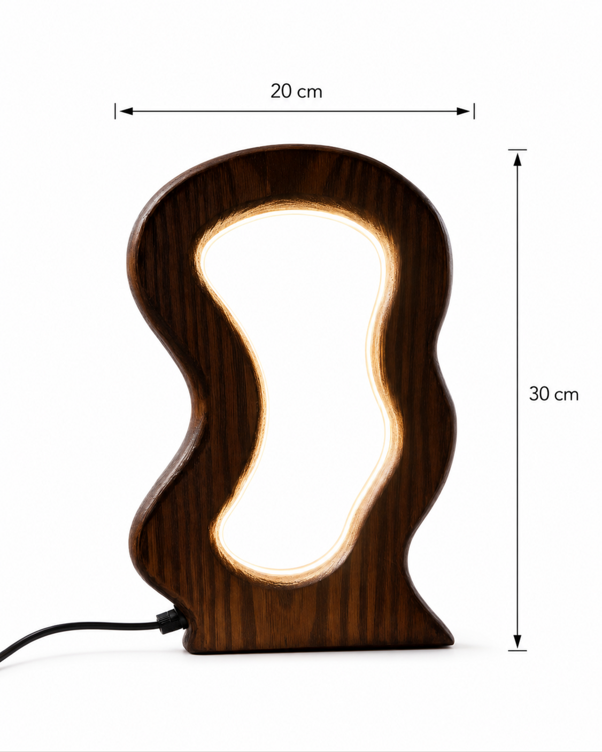 AuraWave dark wooden LED lamp glowing on a travertine console in a sunlit neutral living room