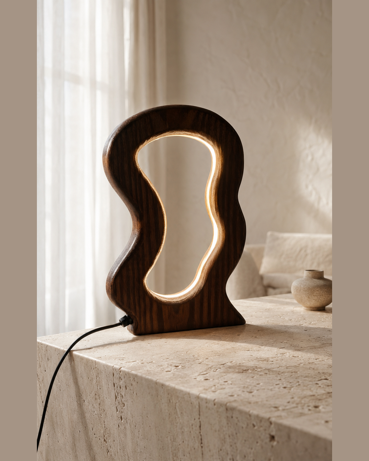 AuraWave wooden LED table lamp on white background with 20 cm width and 30 cm height dimensions