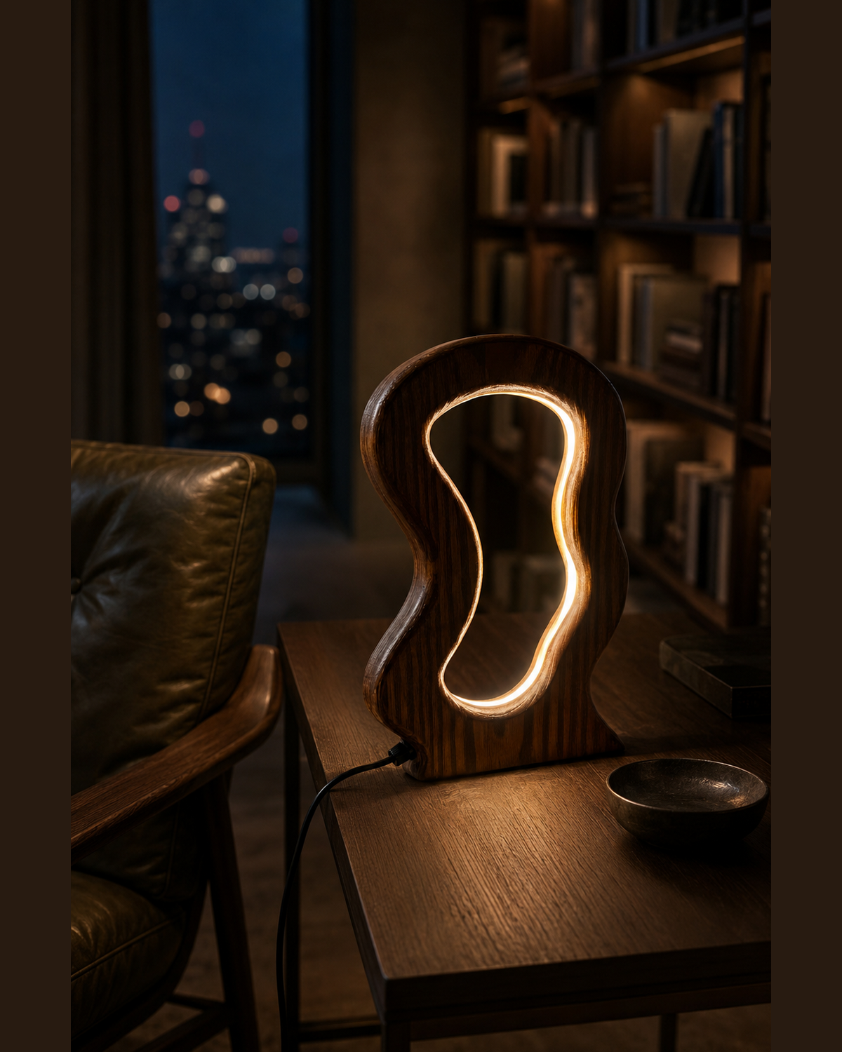 AuraWave wooden LED lamp on a walnut desk in an elegant nighttime reading lounge