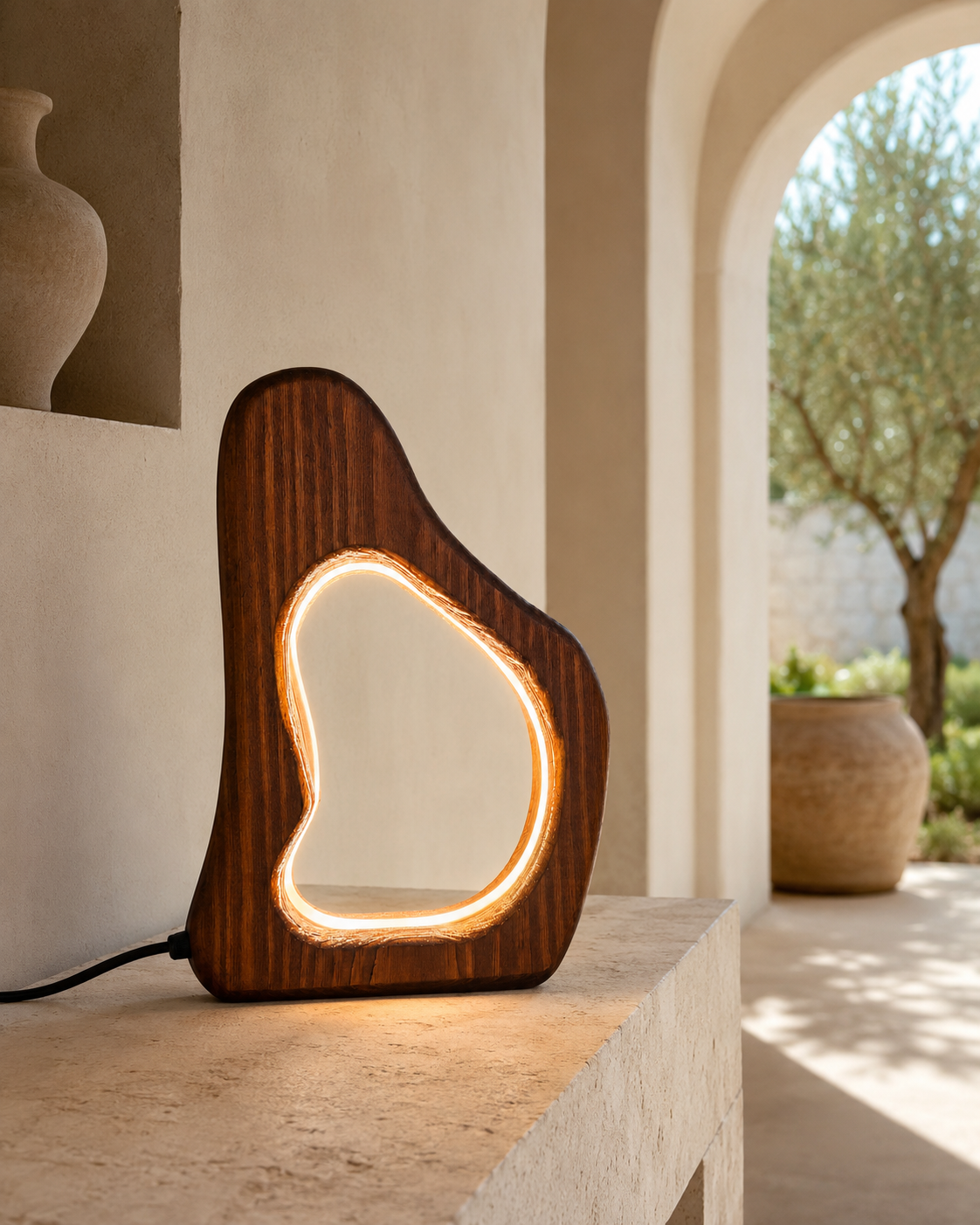 CoveGlow dark wooden LED lamp glowing on a limestone console in a sunlit luxury villa entrance gallery
