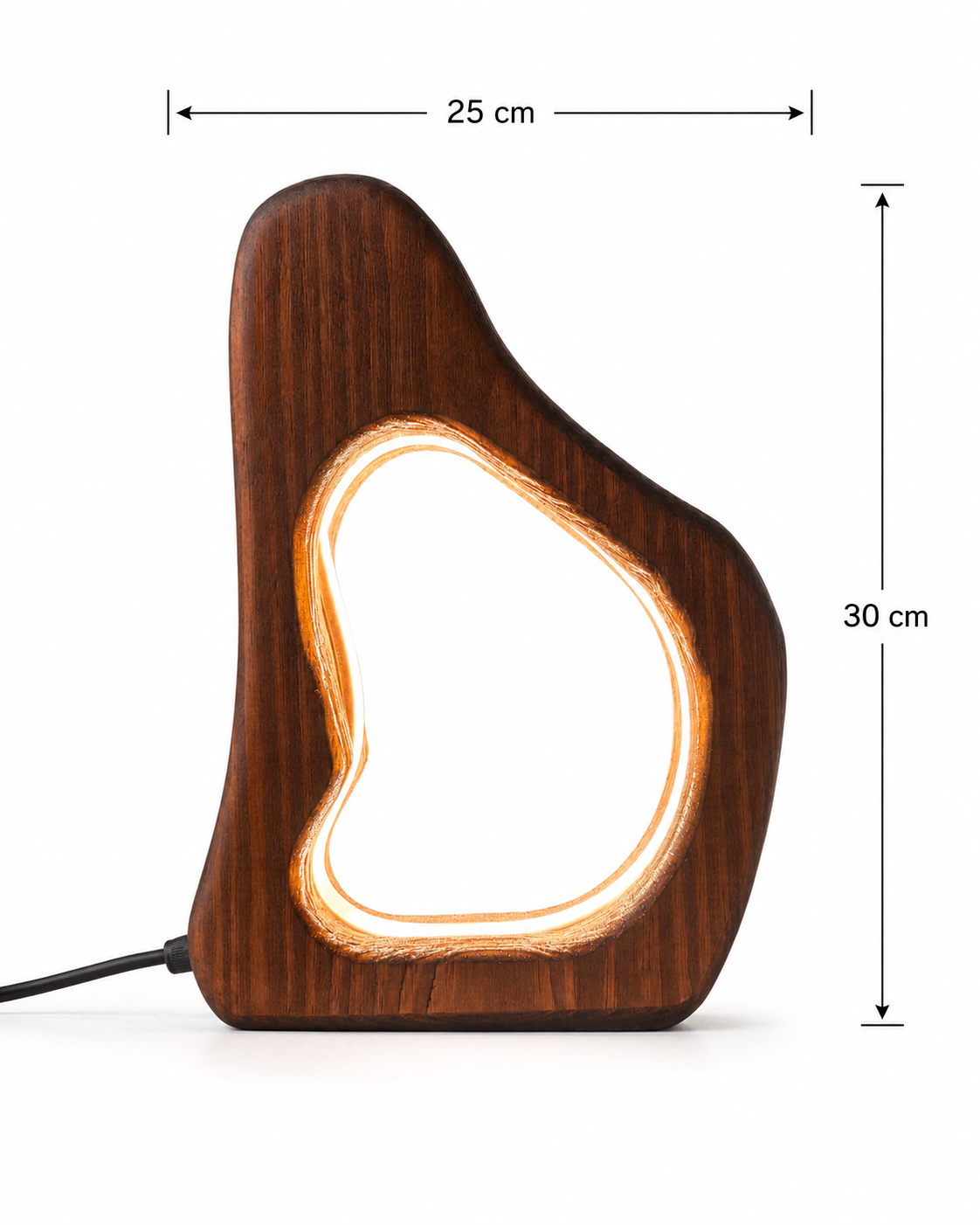 CoveGlow asymmetric wooden LED table lamp on white background with 25 cm width and 30 cm height dimensions