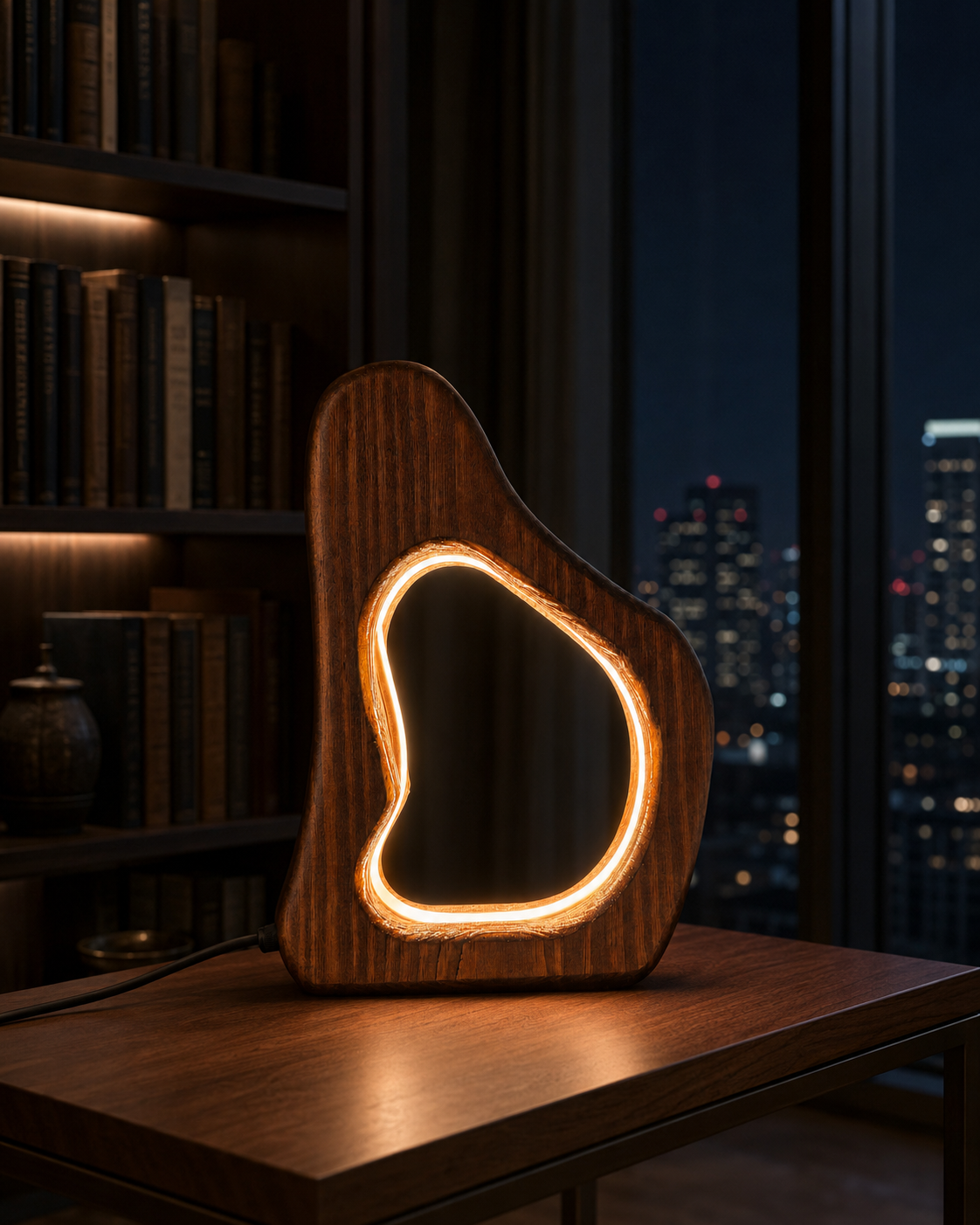 CoveGlow wooden LED lamp glowing on a walnut reading table in a private high-rise library at night