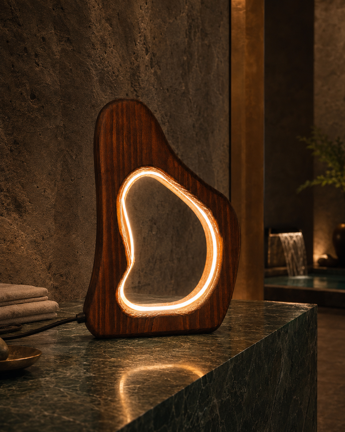CoveGlow asymmetric wooden LED lamp glowing on a dark green stone console in a luxury spa reception at night