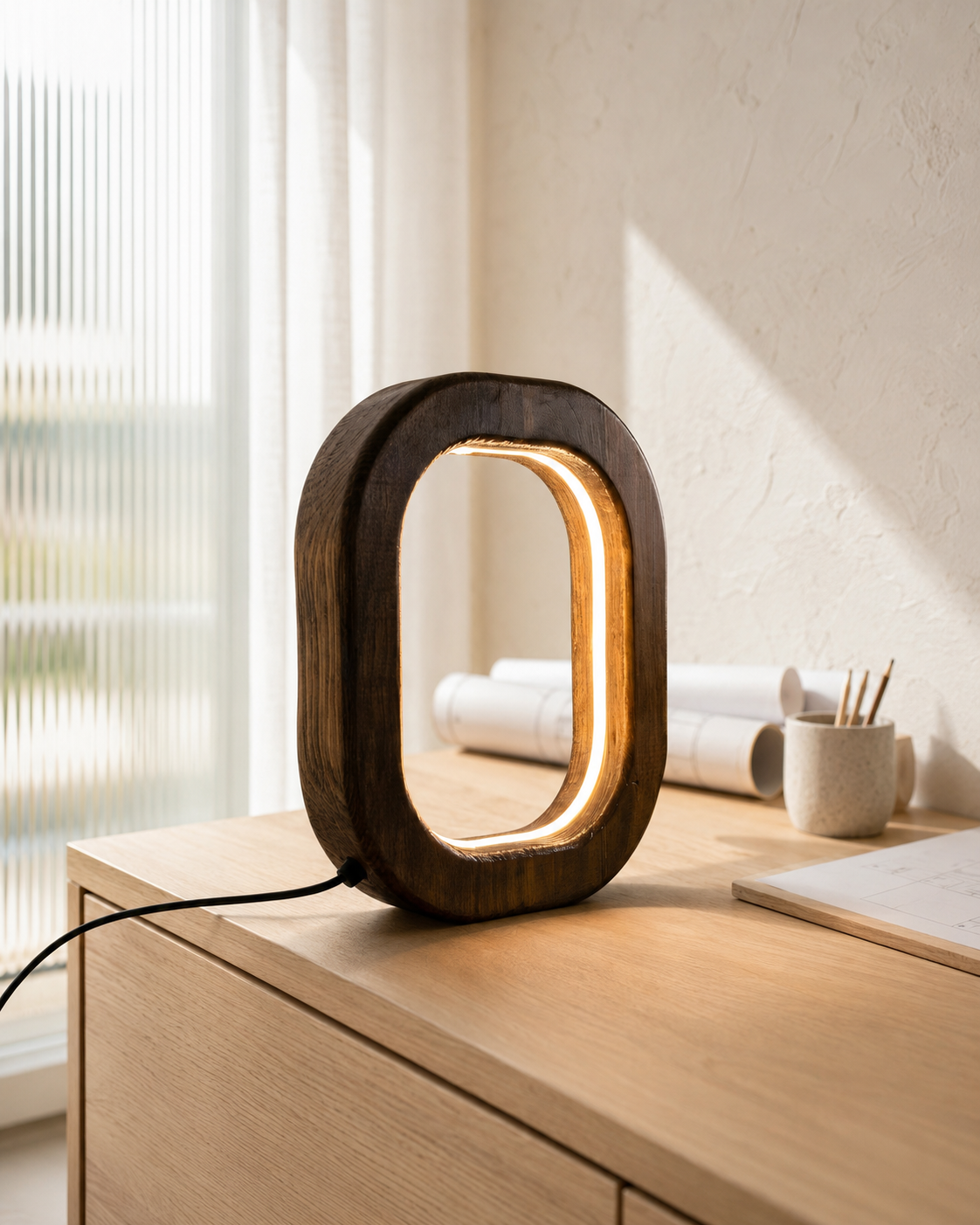 HaloFrame dark wooden LED lamp glowing on a pale oak credenza in a sunlit home office