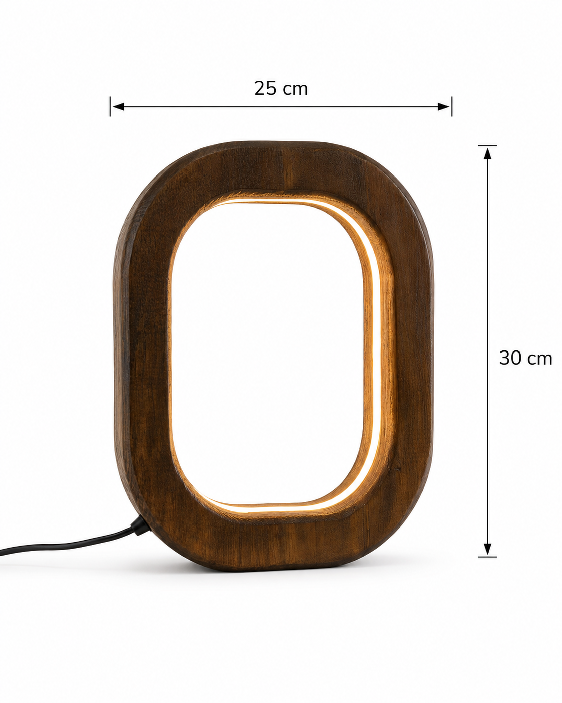 HaloFrame wooden LED table lamp on white background with 25 cm width and 30 cm height dimensions