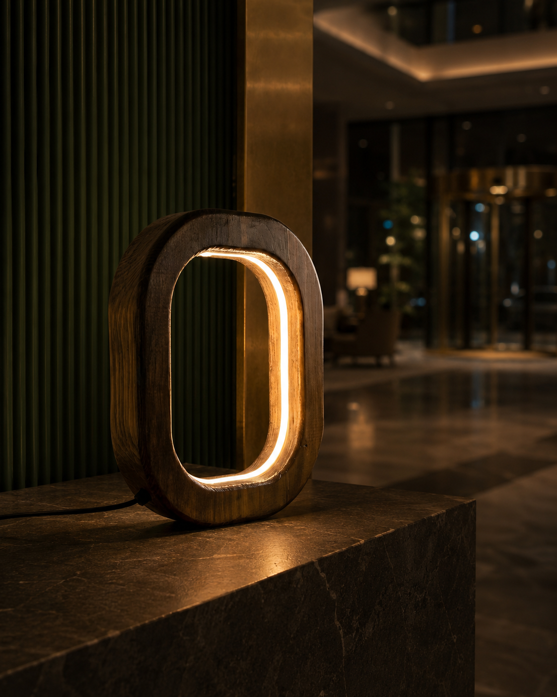 HaloFrame dark wooden LED lamp glowing on a stone console in a luxury hotel lobby at night