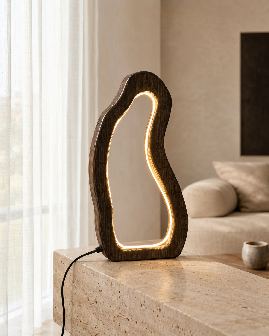 LumaArc dark wooden LED lamp glowing on a travertine console in a sunlit neutral living room