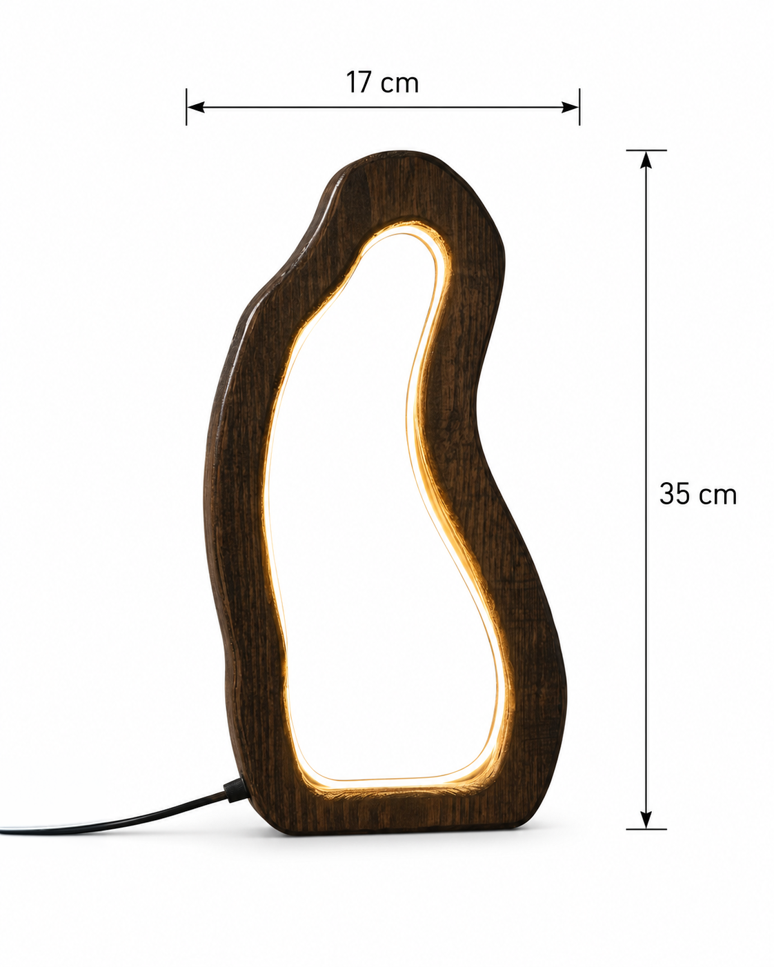 LumaArc wooden LED table lamp on white background with 17 cm width and 35 cm height dimensions