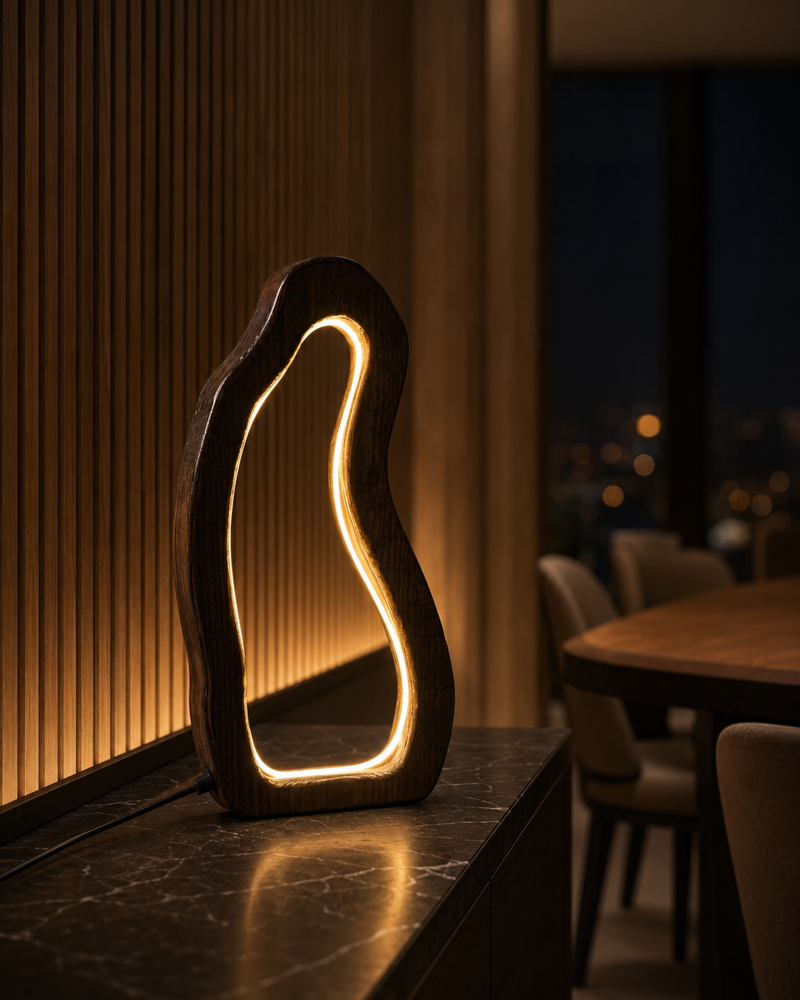 LumaArc dark wooden LED lamp glowing on a marble sideboard in an elegant dining room at night
