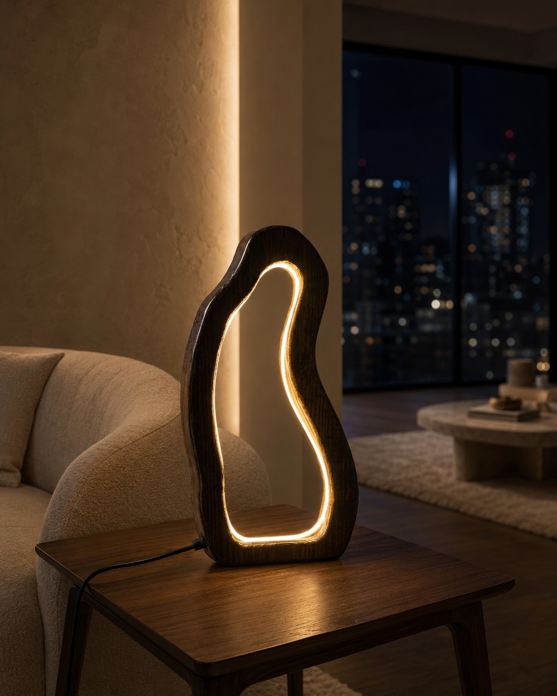LumaArc wooden LED lamp glowing on a walnut side table in a contemporary living room at night