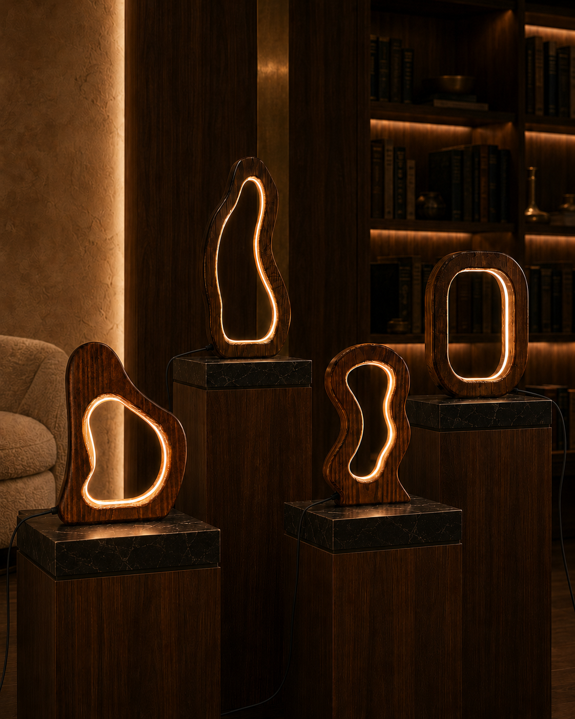OAKLY sculptural wooden LED lamp collection in a warm library interior